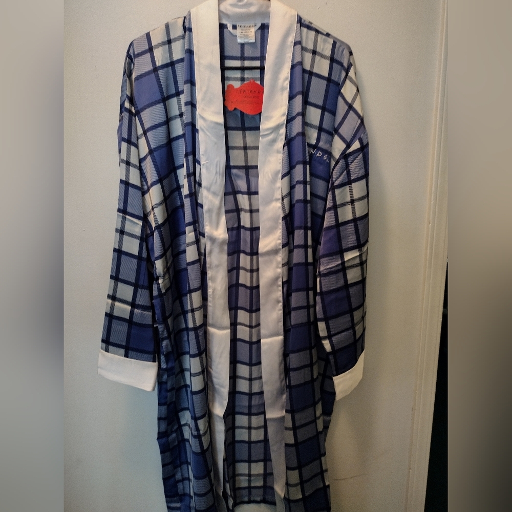 FRIENDS Blue and White Plaid Satin Trim Robe